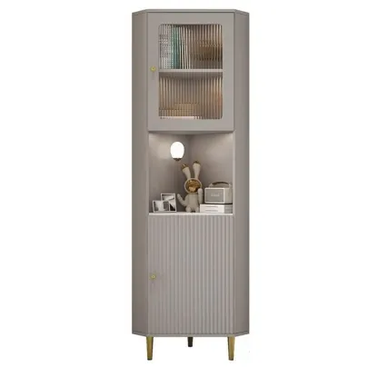 Modern Gold Beige Wood Corner Utility Cabinet with Lighting Image - 7