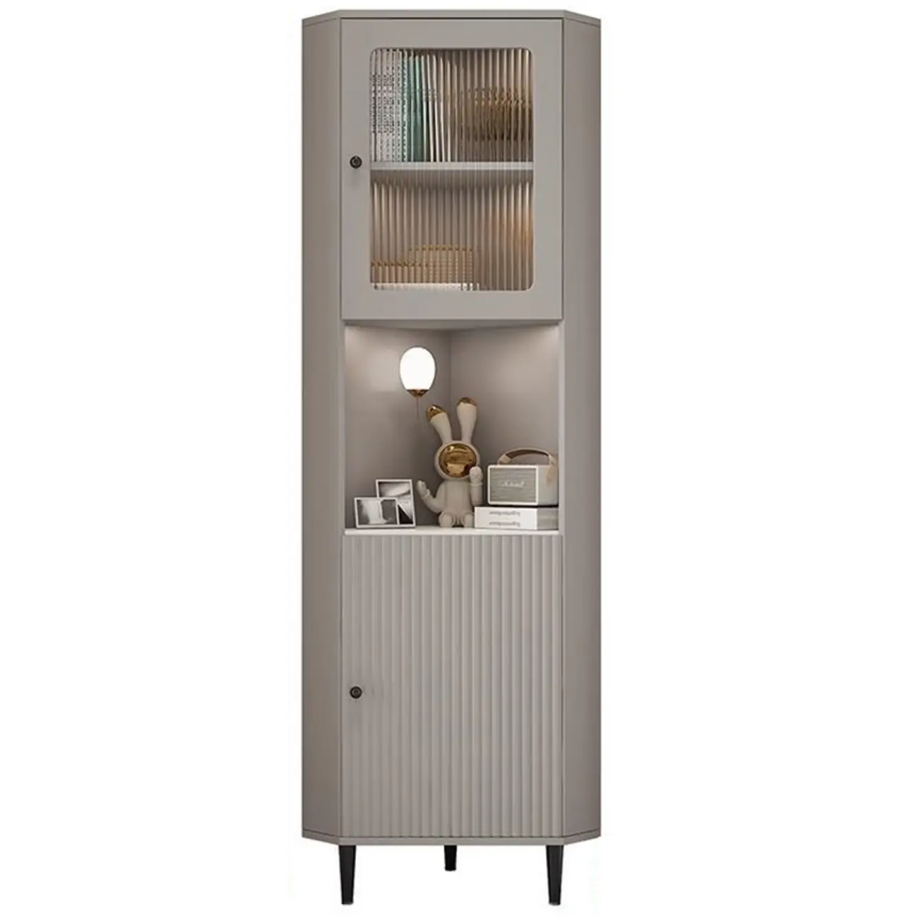 Modern Gold Beige Wood Corner Utility Cabinet with Lighting Image - 8 | homeyfad