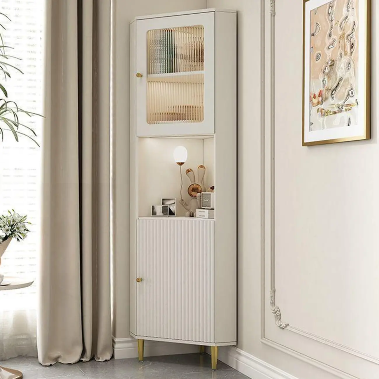 Modern Gold Beige Wood Corner Utility Cabinet with Lighting Image - 2 | homeyfad