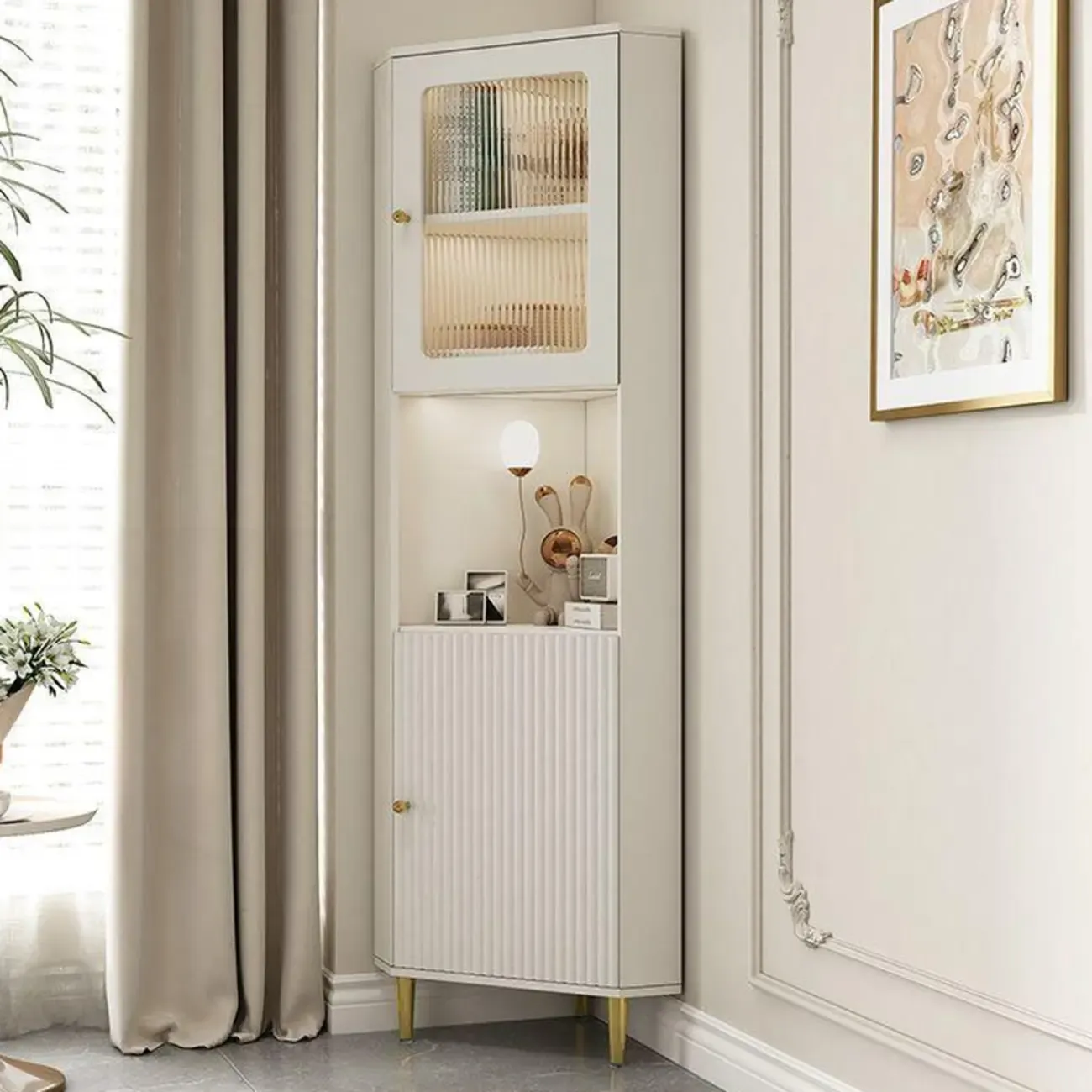 Modern Gold Beige Wood Corner Utility Cabinet with Lighting Image - 2