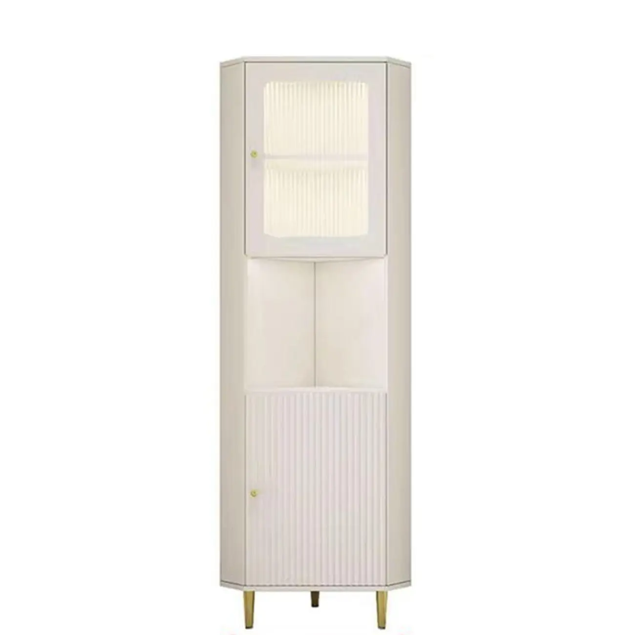 Modern Gold Beige Wood Corner Utility Cabinet with Lighting Image - 9 | homeyfad