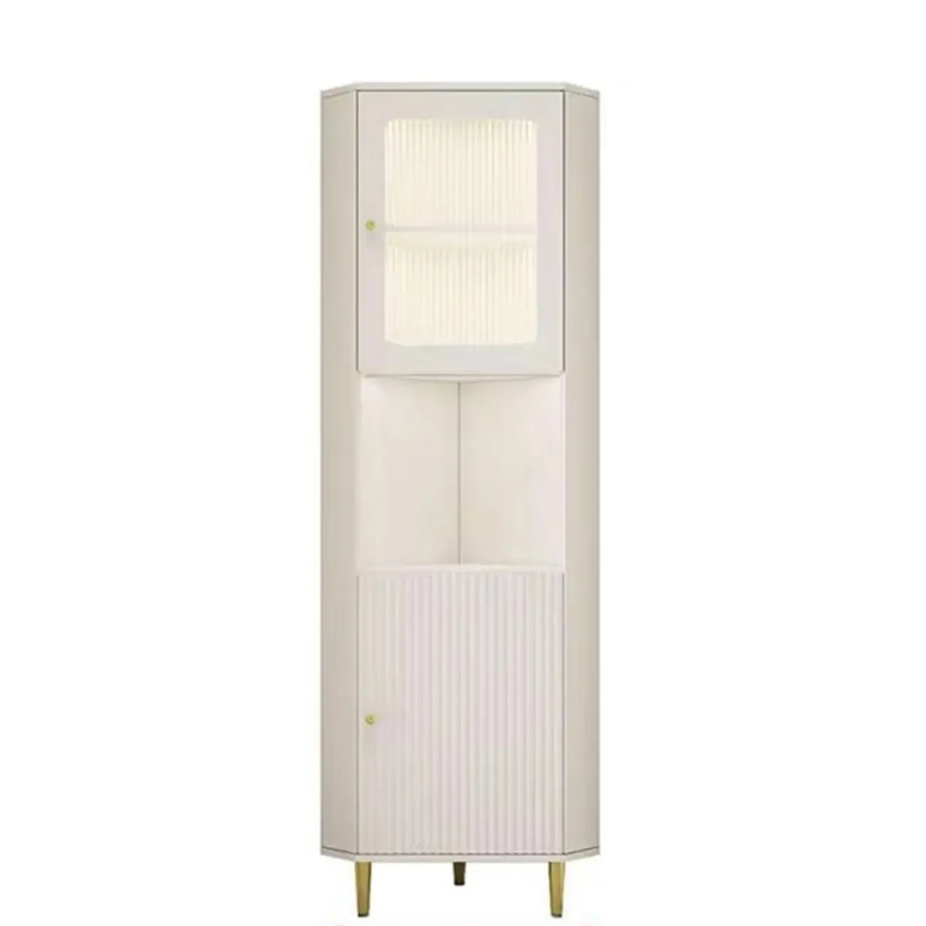Modern Gold Beige Wood Corner Utility Cabinet with Lighting Image - 9