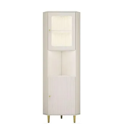 Modern Gold Beige Wood Corner Utility Cabinet with Lighting Image - 9
