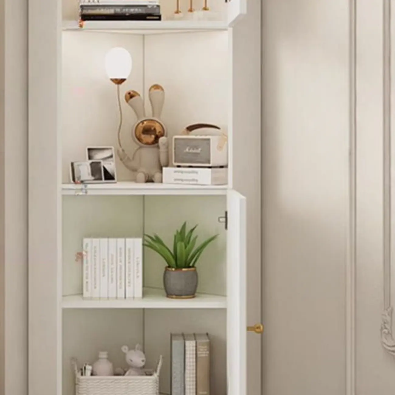 Modern Gold Beige Wood Corner Utility Cabinet with Lighting Image - 10 | homeyfad