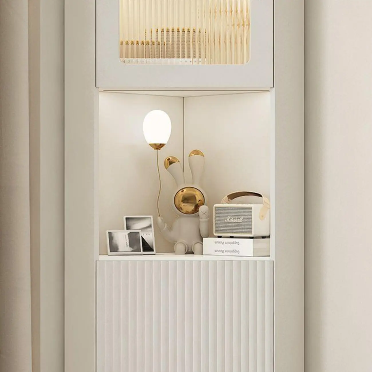 Modern Gold Beige Wood Corner Utility Cabinet with Lighting Image - 11 | homeyfad