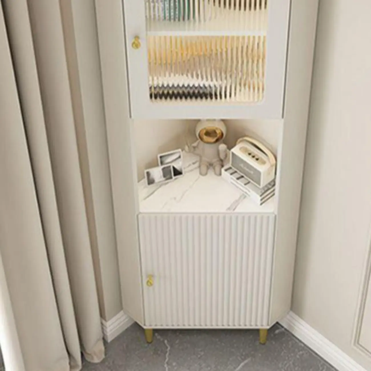 Modern Gold Beige Wood Corner Utility Cabinet with Lighting Image - 12 | homeyfad