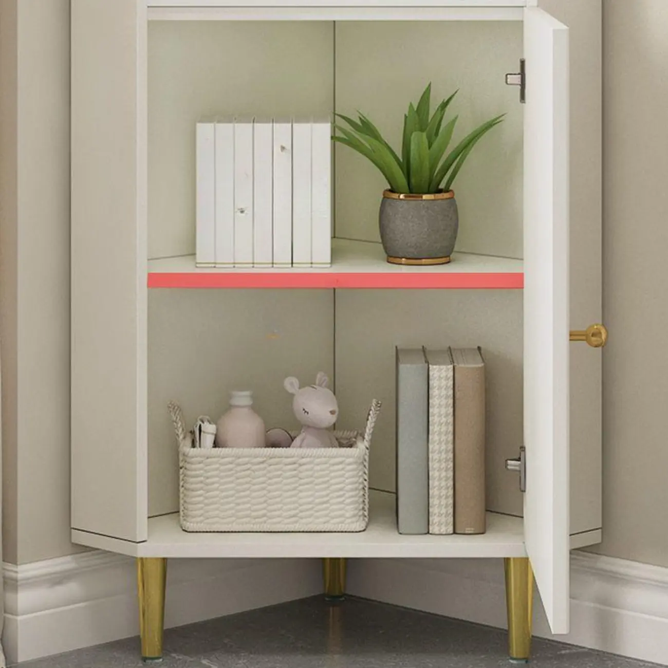 Modern Gold Beige Wood Corner Utility Cabinet with Lighting Image - 14 | homeyfad