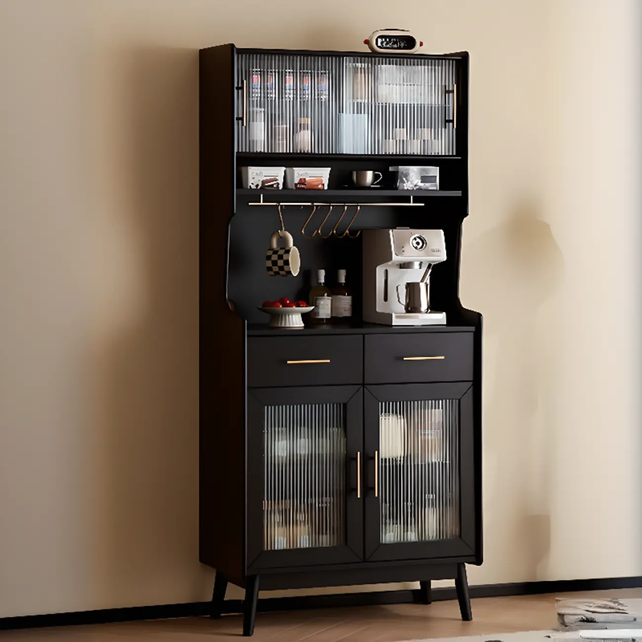 Tall Wooden Black Glass Doors Kitchen Sideboards Image - 2 | homeyfad