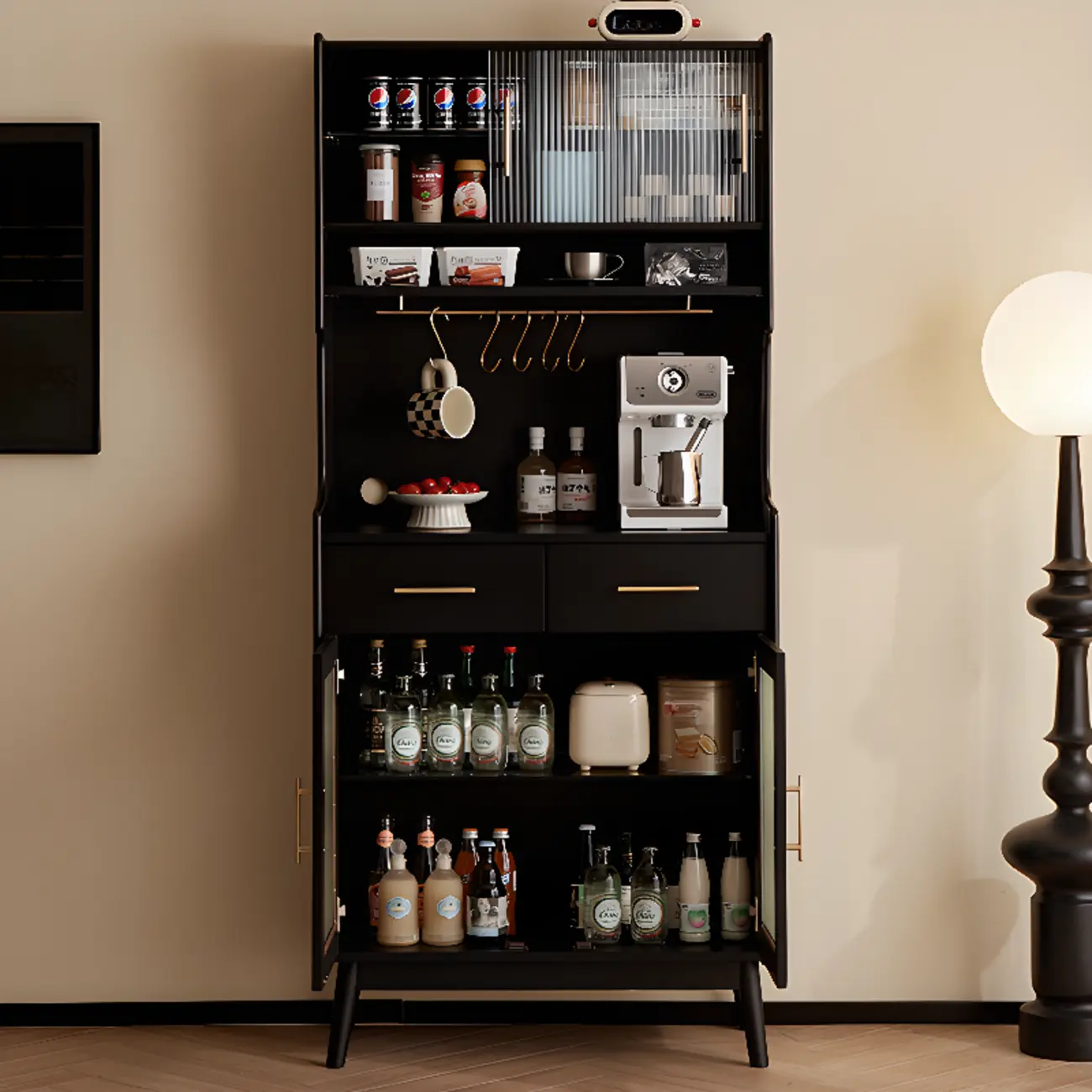 Tall Wooden Black Glass Doors Kitchen Sideboards Image - 3 | homeyfad