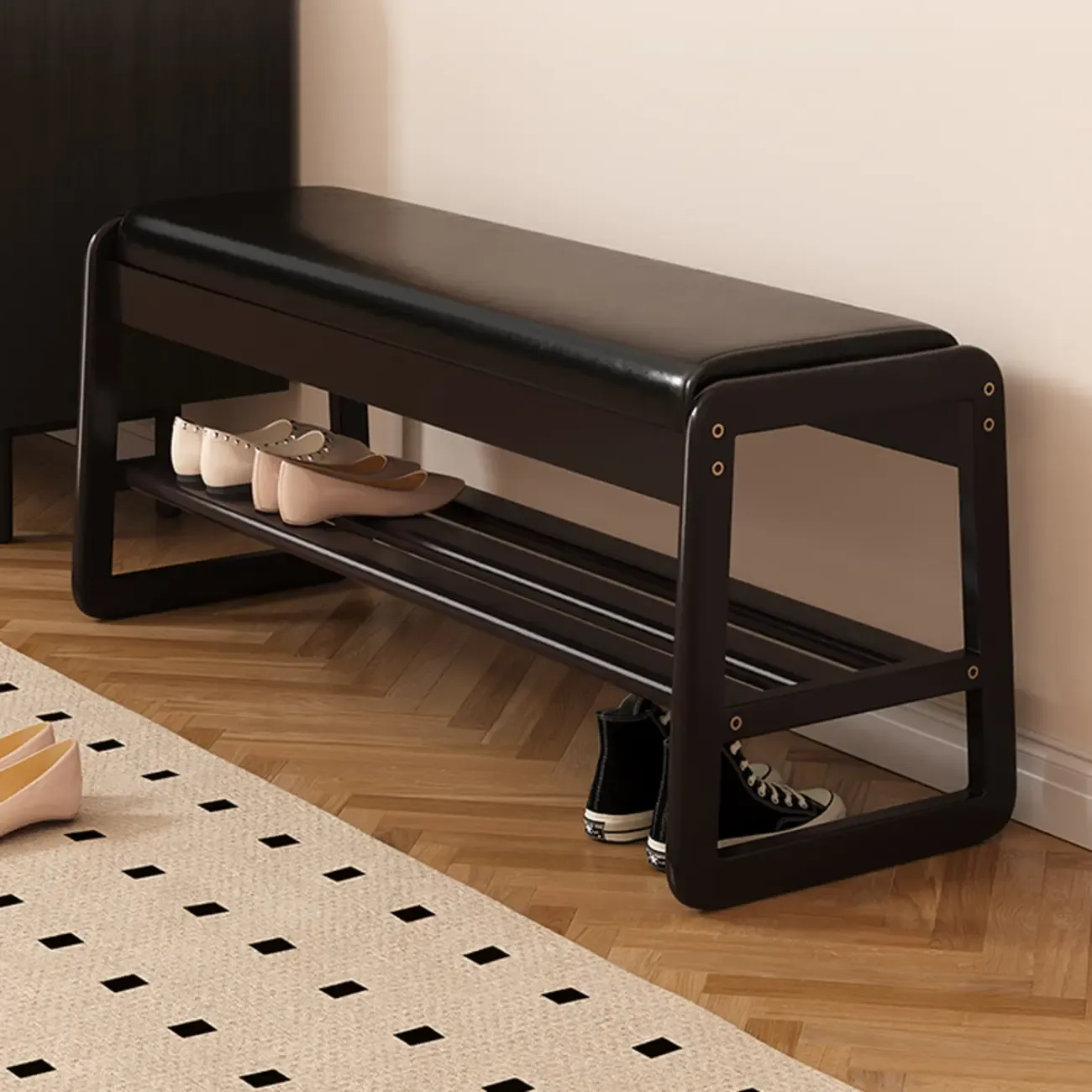 Modern Black Upholstered Shoe Bench with Storage Shelves Image - 1
