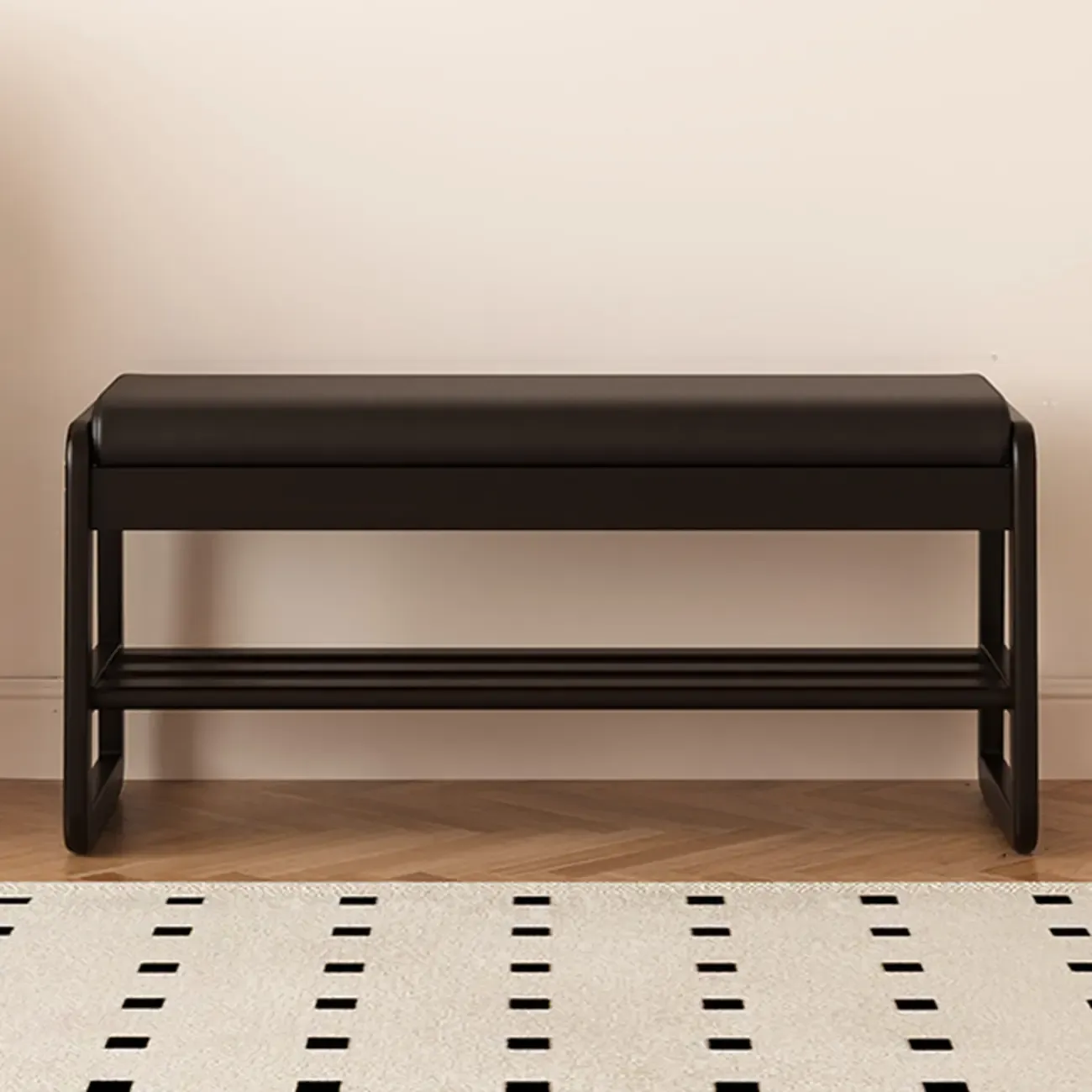 Modern Black Upholstered Shoe Bench with Storage Shelves Image - 11