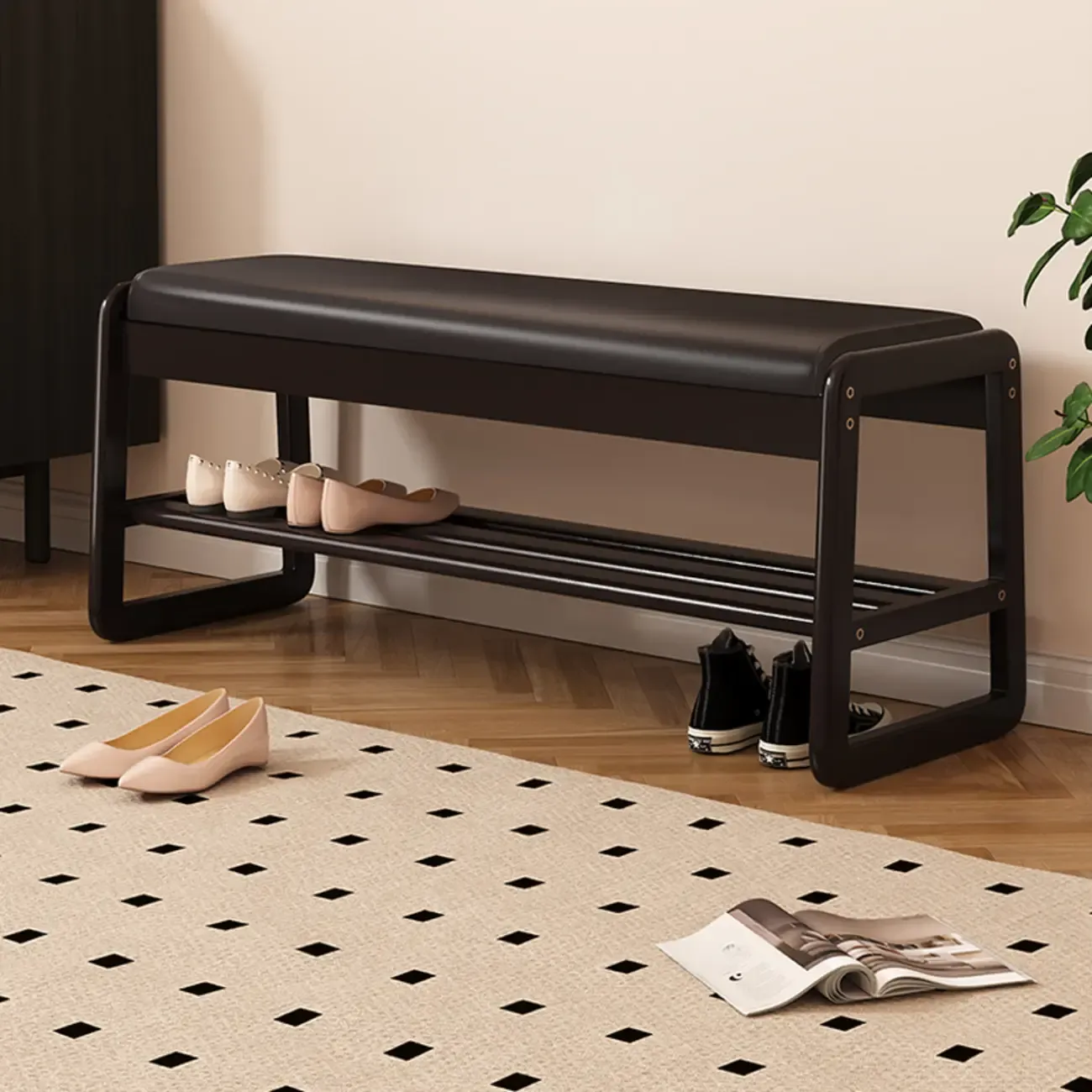 Modern Black Upholstered Shoe Bench with Storage Shelves Image - 2