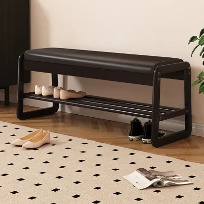 Modern Black Upholstered Shoe Bench with Storage Shelves Image - 2