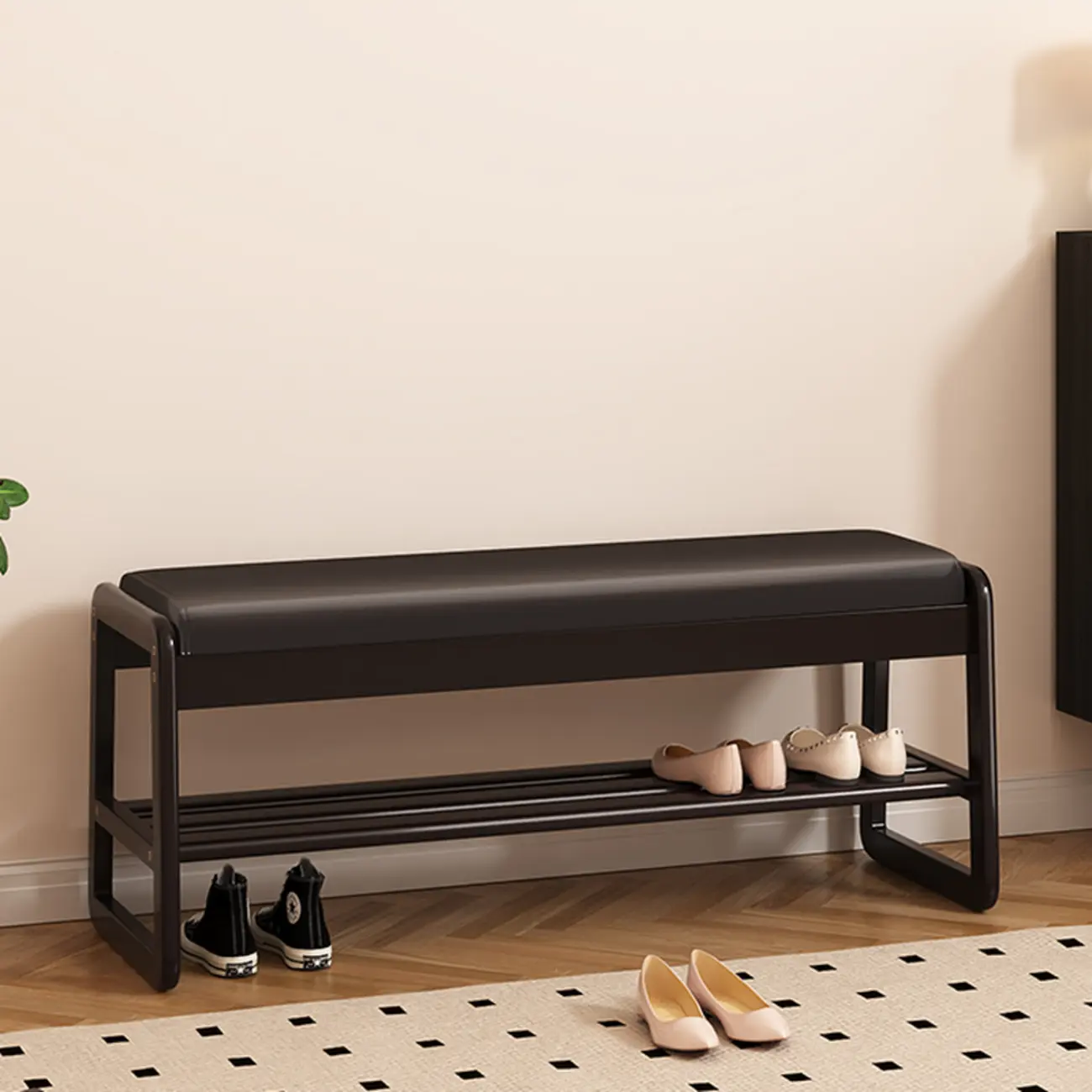 Modern Black Upholstered Shoe Bench with Storage Shelves Image - 9 | homeyfad