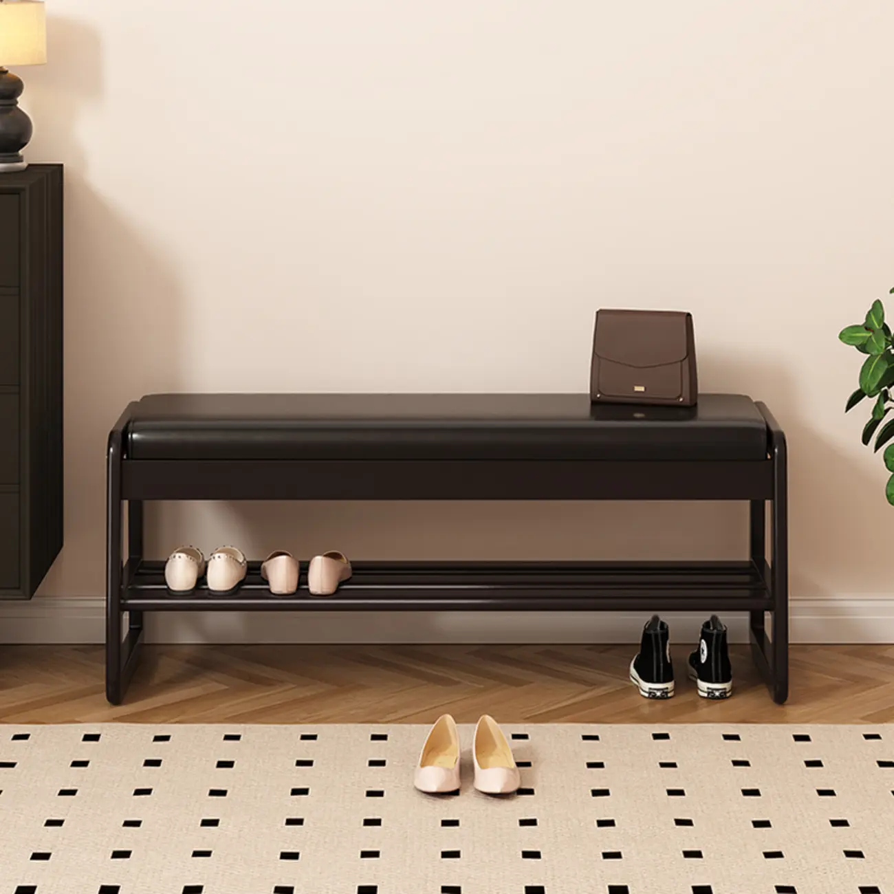 Modern Black Upholstered Shoe Bench with Storage Shelves Image - 8 | homeyfad
