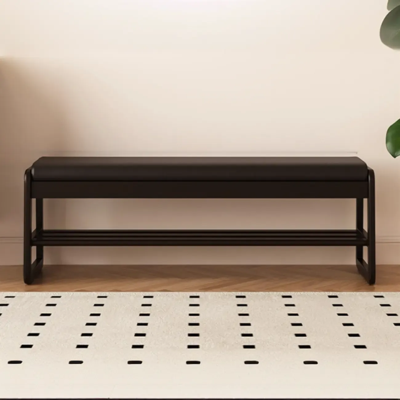 Modern Black Upholstered Shoe Bench with Storage Shelves Image - 13