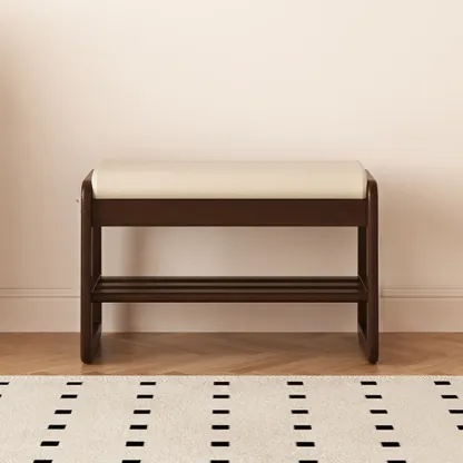 Modern Black Upholstered Shoe Bench with Storage Shelves Image - 14