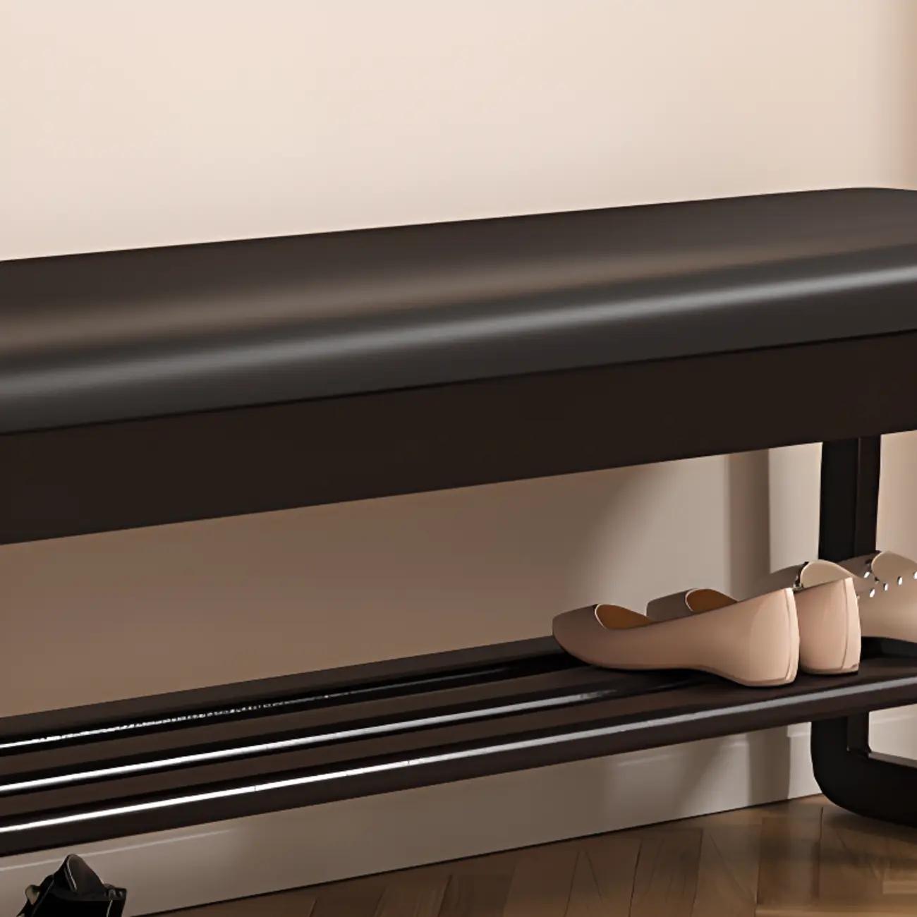 Modern Black Upholstered Shoe Bench with Storage Shelves Image - 4 | homeyfad