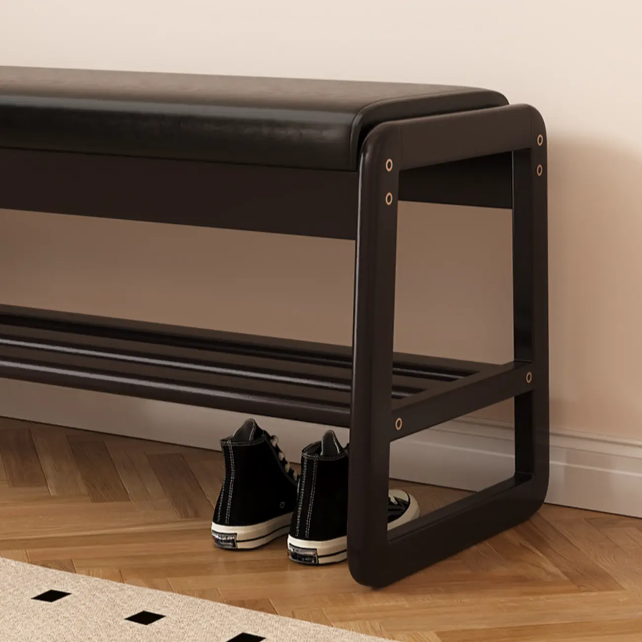 Modern Black Upholstered Shoe Bench with Storage Shelves Image - 5 | homeyfad