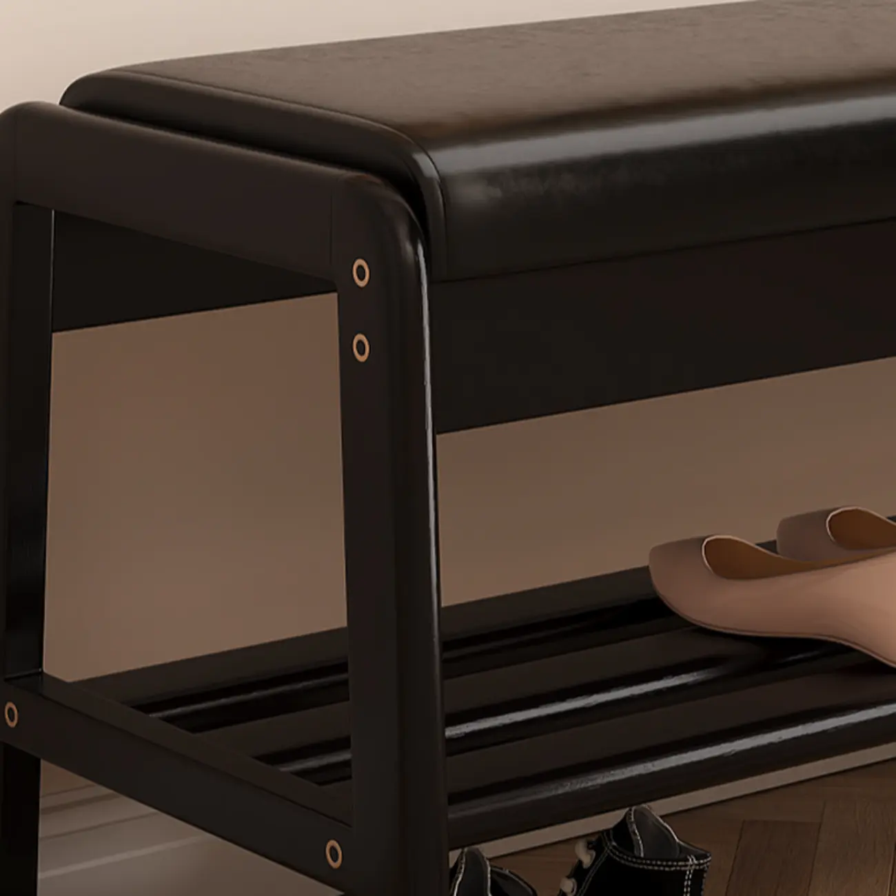Modern Black Upholstered Shoe Bench with Storage Shelves Image - 6 | homeyfad