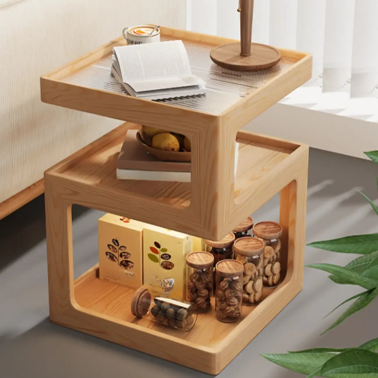 3 Tiers Square Wood Glass Top Open Storage Nightstand Image - 1