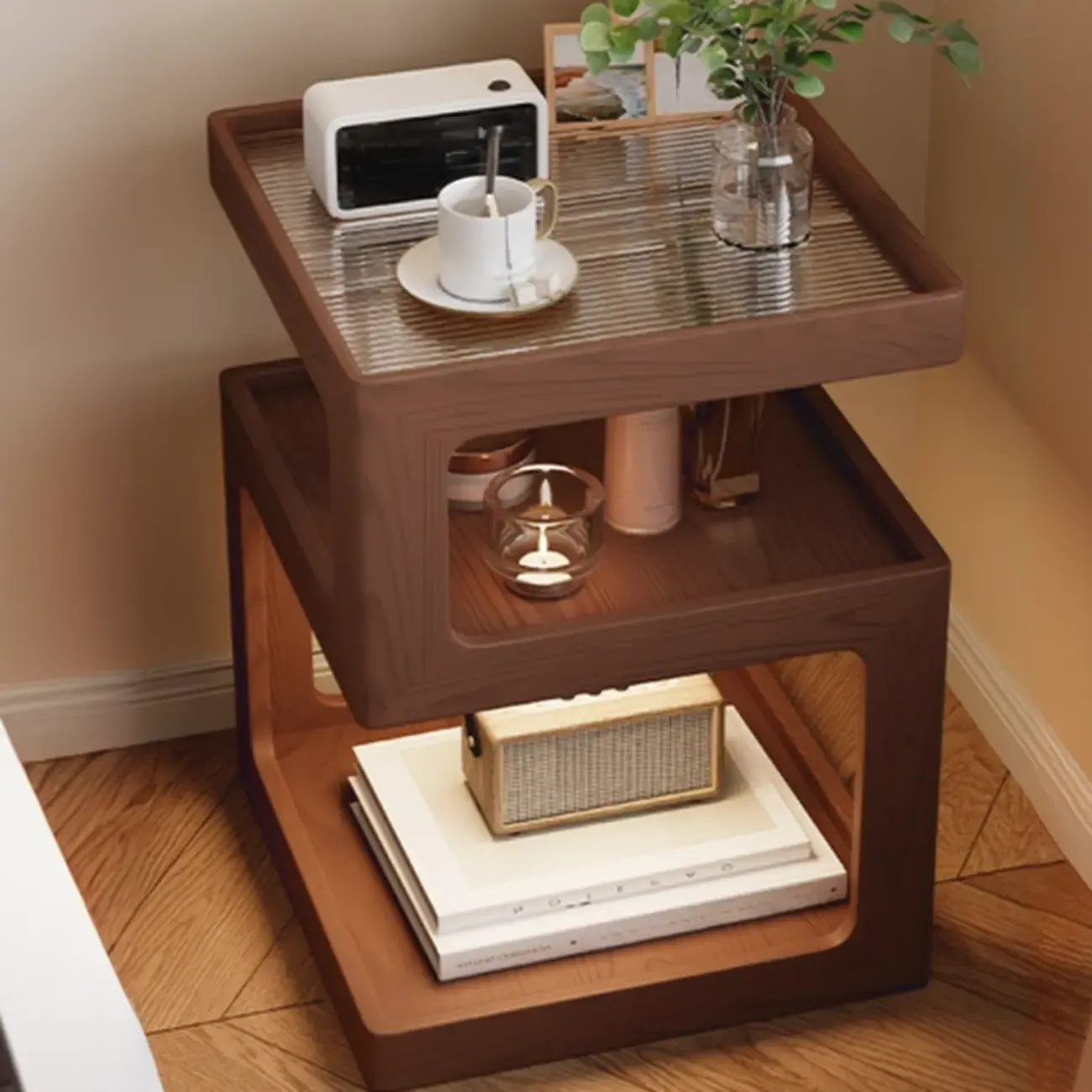 3 Tiers Square Wood Glass Top Open Storage Side Table | HomeyFad
