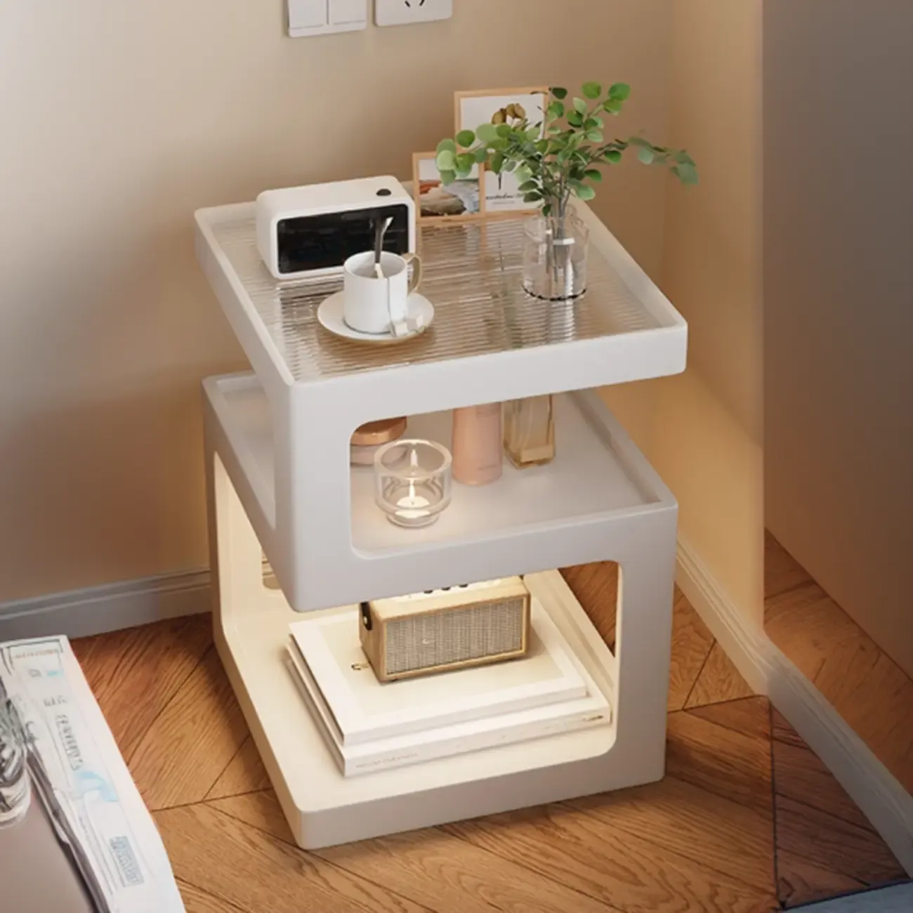 3 Tiers Square Wood Glass Top Open Storage Nightstand Image - 3