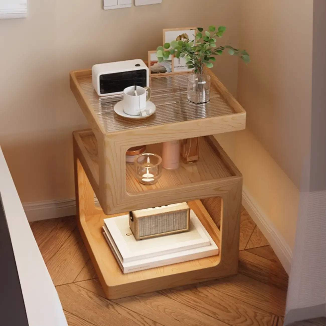 3 Tiers Square Wood Glass Top Open Storage Nightstand Image - 5