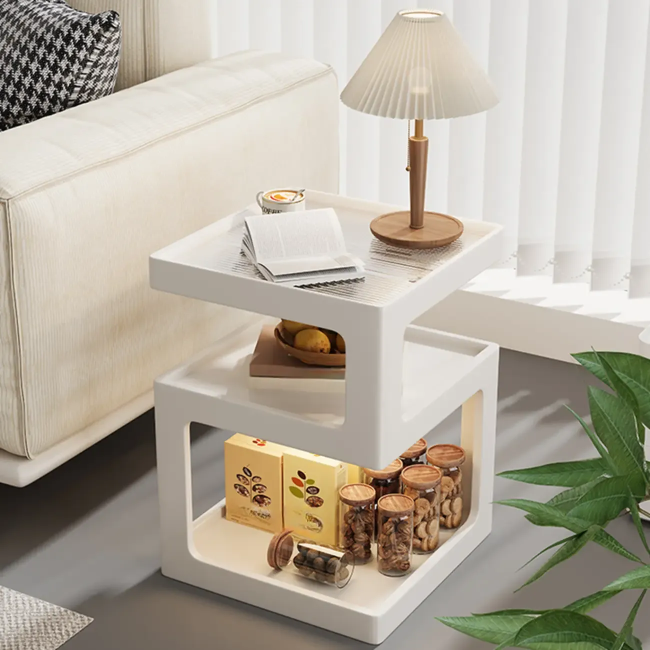 3 Tiers Square Wood Glass Top Open Storage Nightstand Image - 6