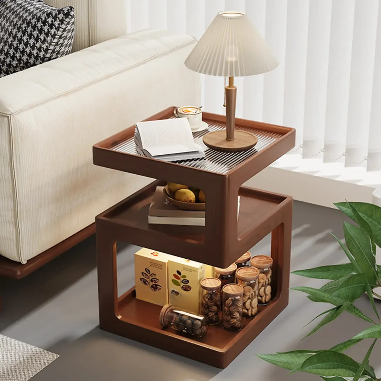3 Tiers Square Wood Glass Top Open Storage Nightstand Image - 7