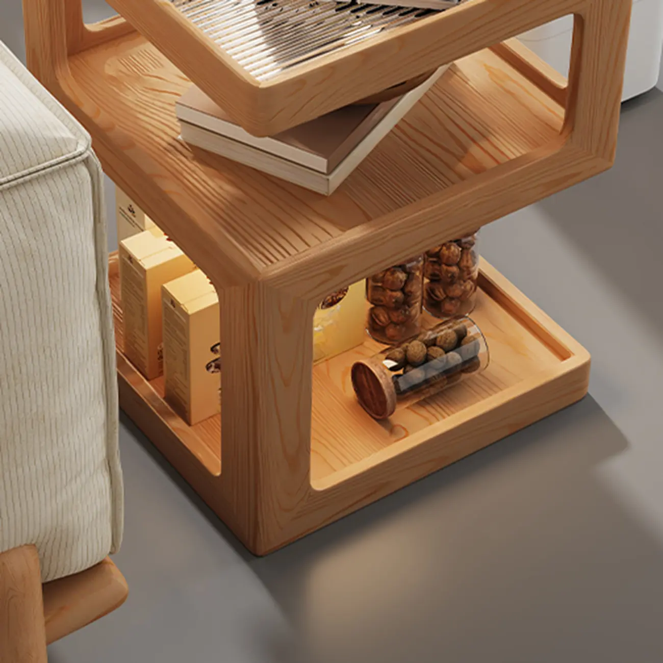 3 Tiers Square Wood Glass Top Open Storage Nightstand Image - 9 | homeyfad