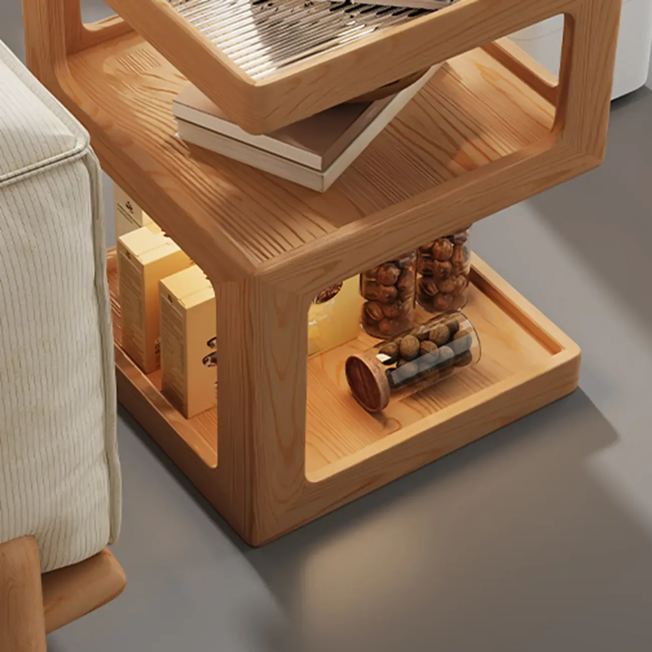 3 Tiers Square Wood Glass Top Open Storage Nightstand Image - 9