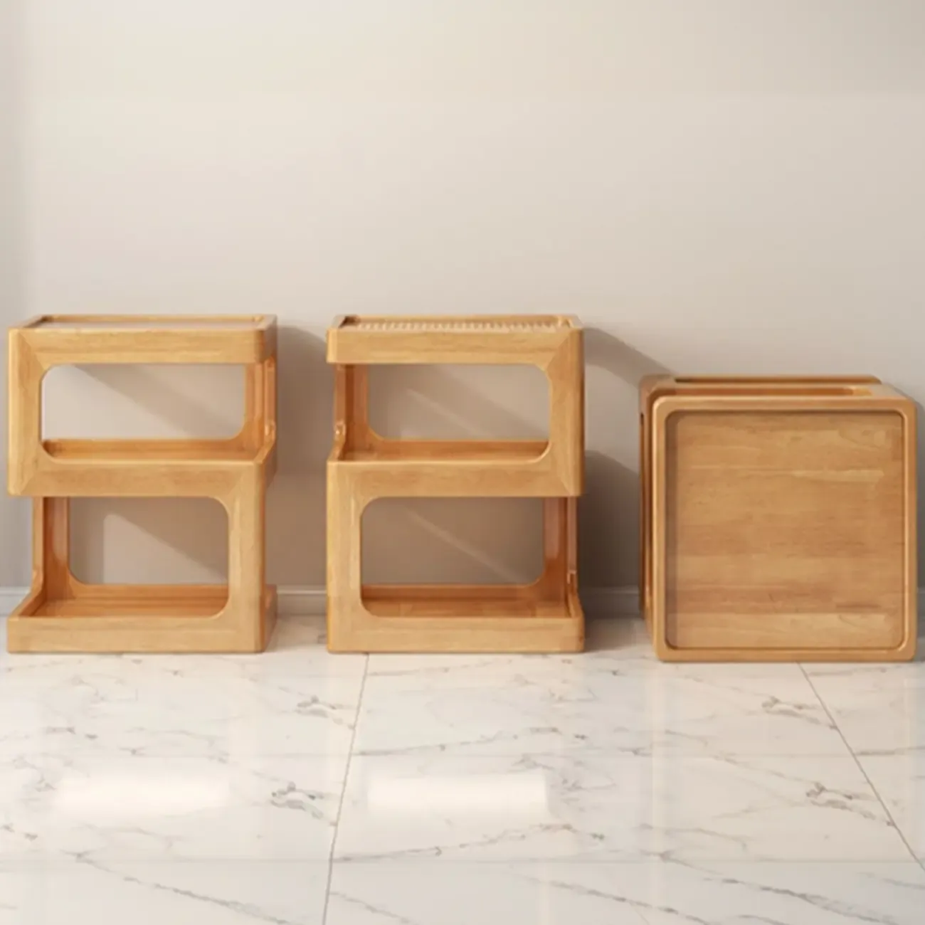 3 Tiers Square Wood Glass Top Open Storage Nightstand Image - 20