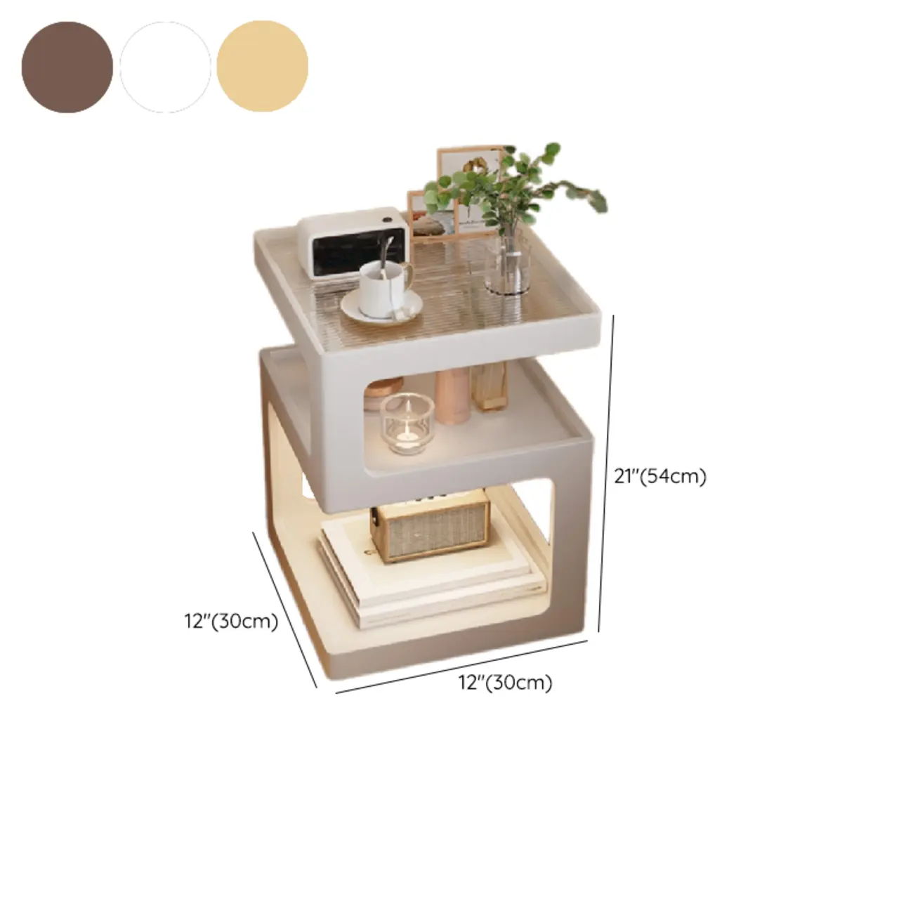 3 Tiers Square Wood Glass Top Open Storage Nightstand #size | homeyfad