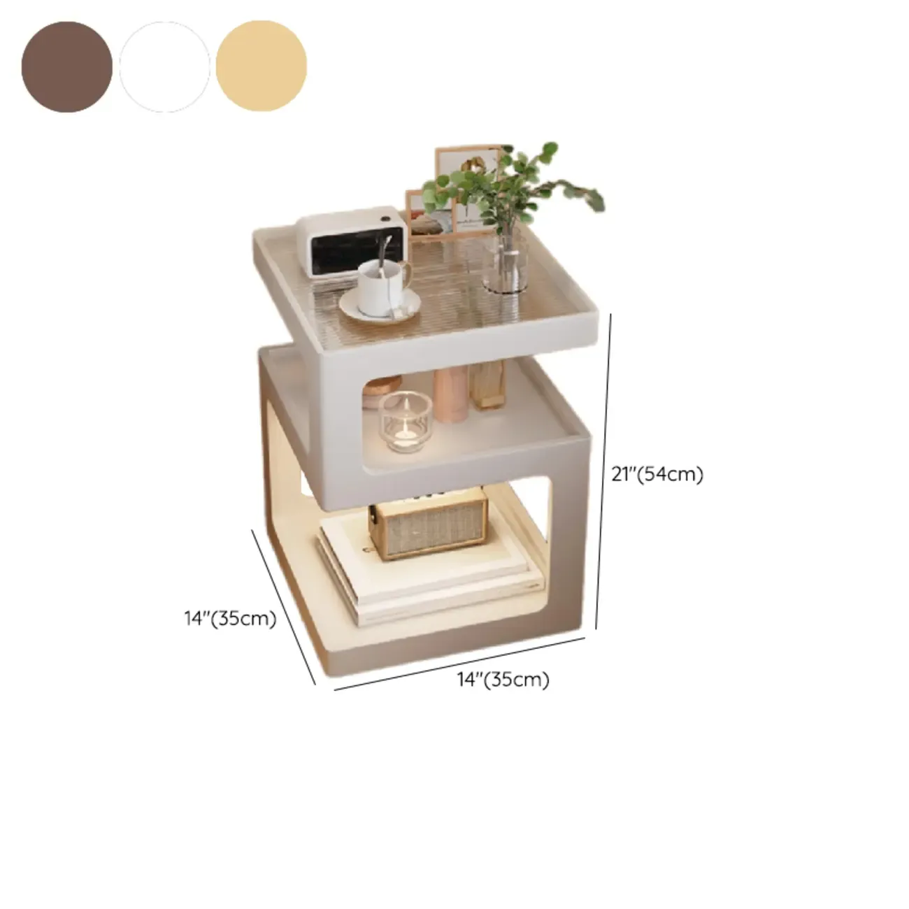 3 Tiers Square Wood Glass Top Open Storage Nightstand Image - 22