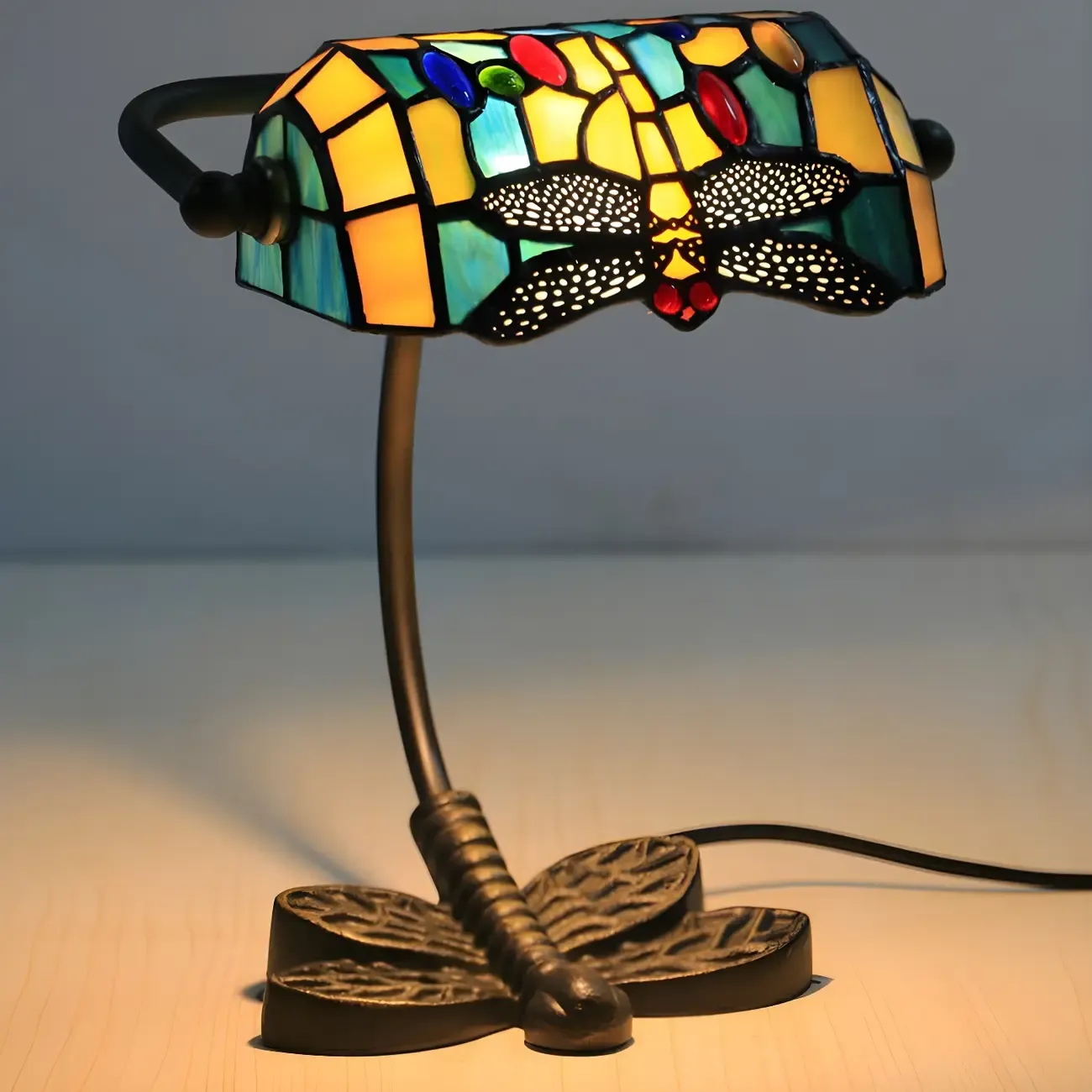 Vintage Dragonfly Pattern Stained Glass Banker Table Lamp Image - 1