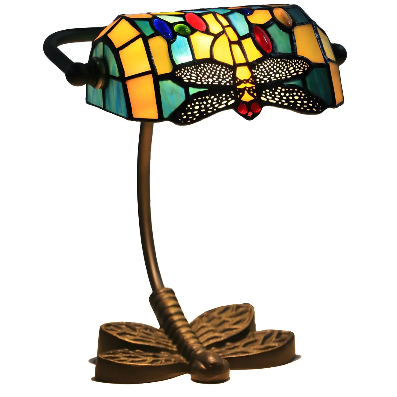 Vintage Dragonfly Pattern Stained Glass Banker Table Lamp Image - 10 | homeyfad
