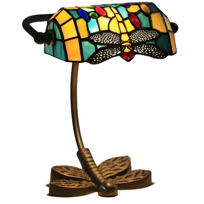 Vintage Dragonfly Pattern Stained Glass Banker Table Lamp Image - 10