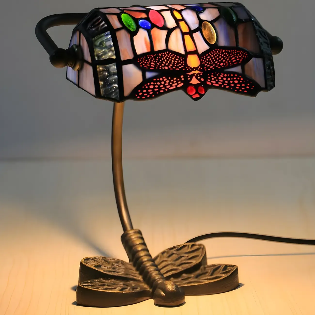 Vintage Dragonfly Pattern Stained Glass Banker Table Lamp Image - 5