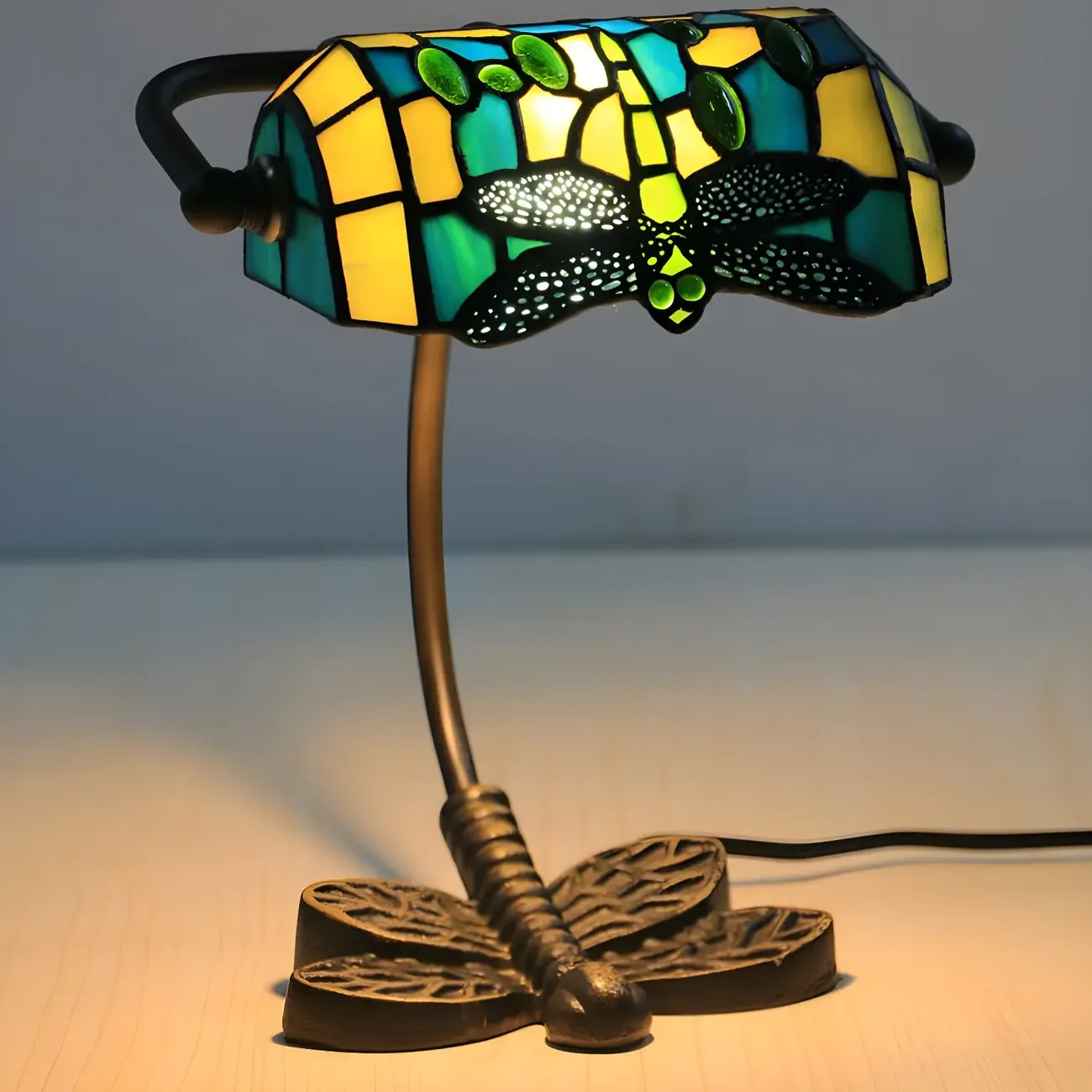Vintage Dragonfly Pattern Stained Glass Banker Table Lamp Image - 6