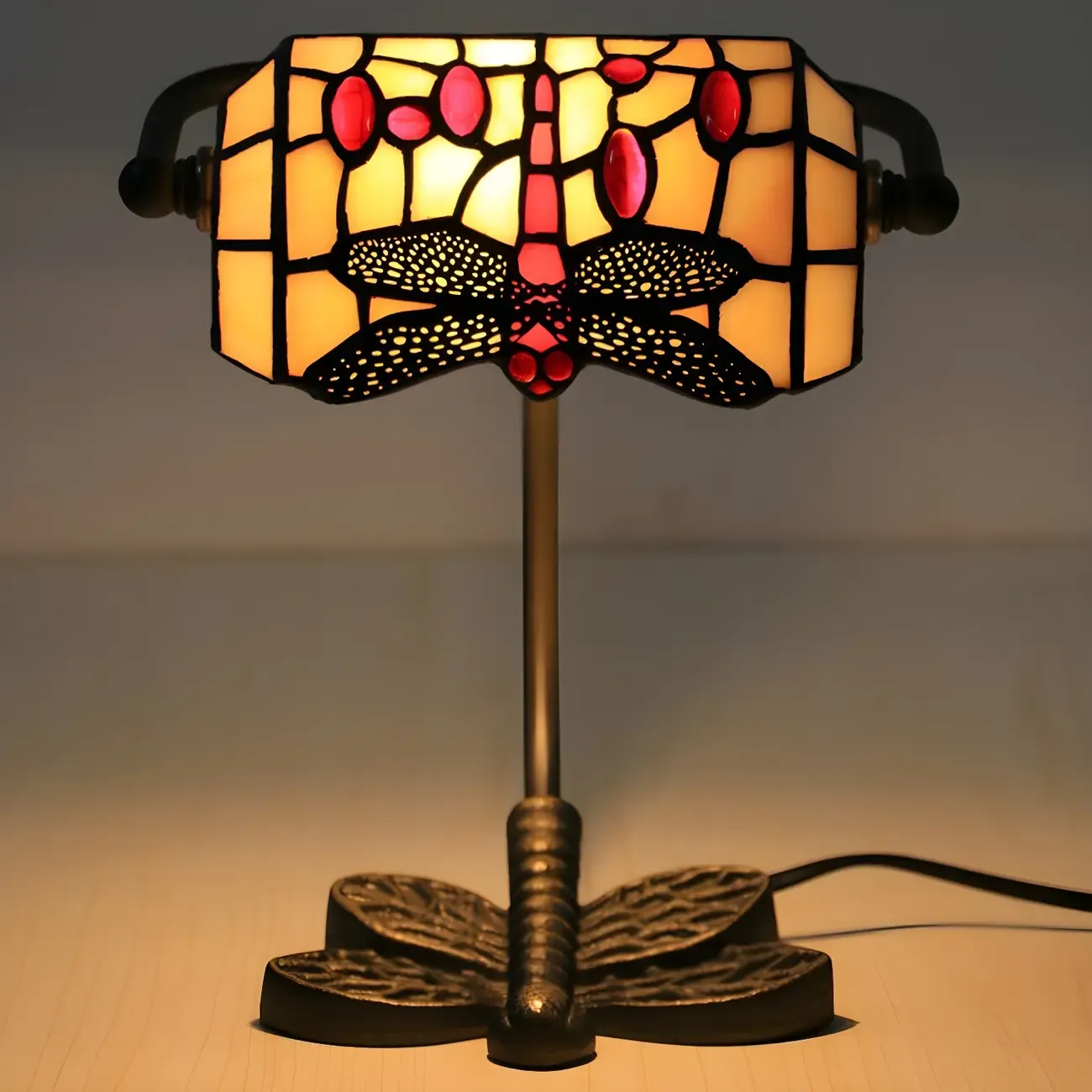 Vintage Dragonfly Pattern Stained Glass Banker Table Lamp Image - 7