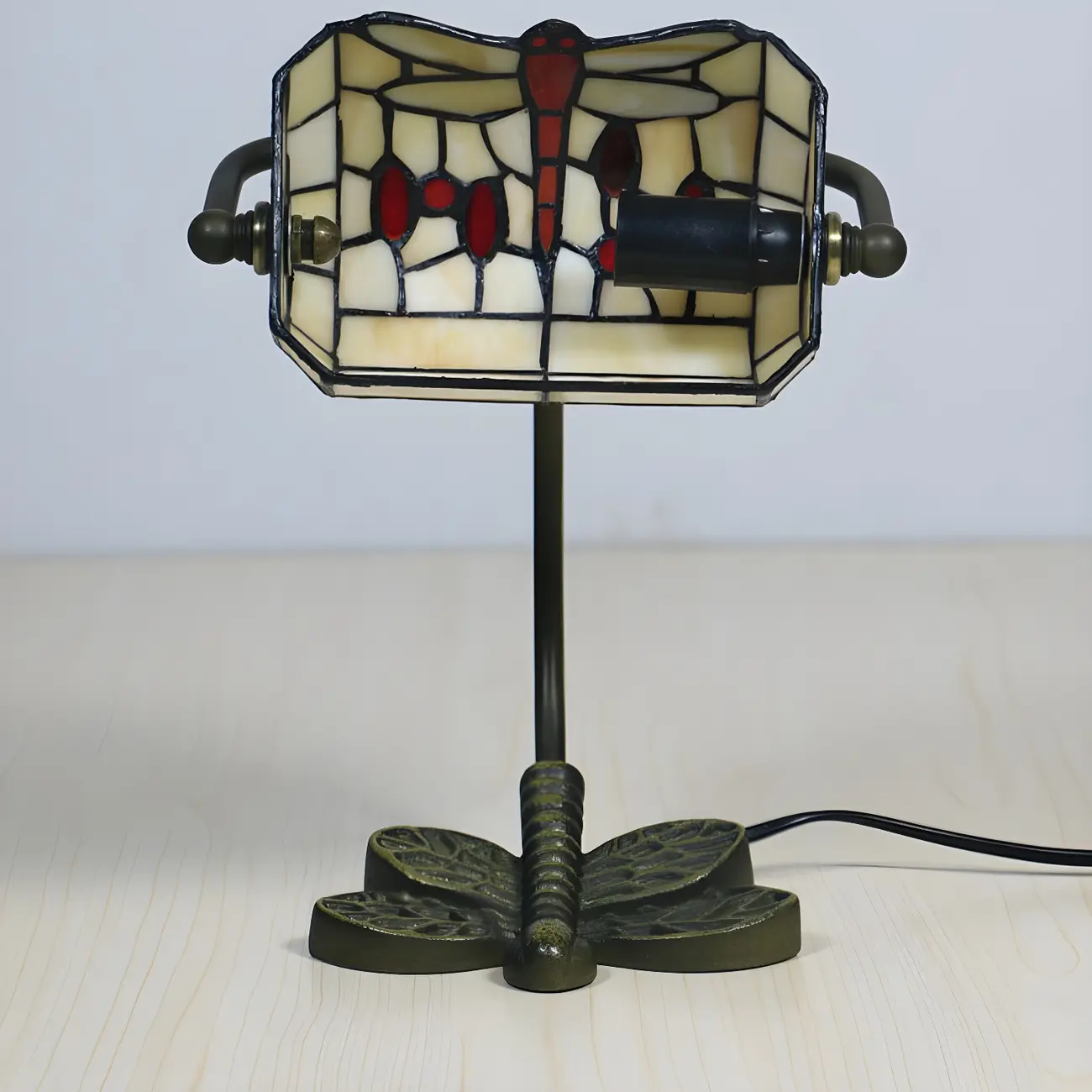 Vintage Dragonfly Pattern Stained Glass Banker Table Lamp Image - 8 | homeyfad