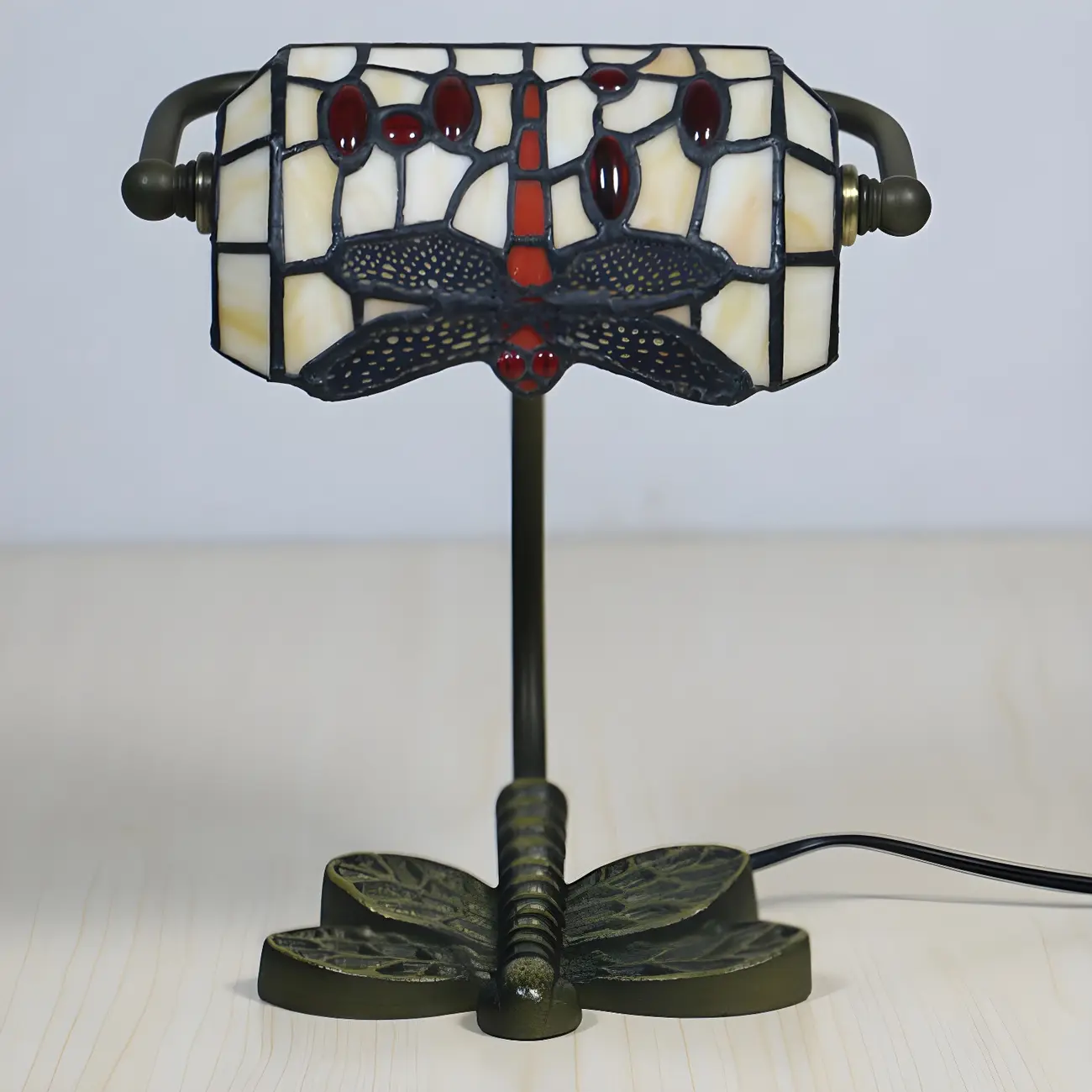 Vintage Dragonfly Pattern Stained Glass Banker Table Lamp Image - 9 | homeyfad