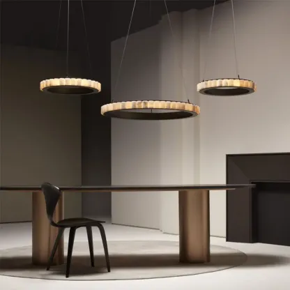 Circular 2-layer Modern Alabaster Steel Pendant Chandelier Image - 1