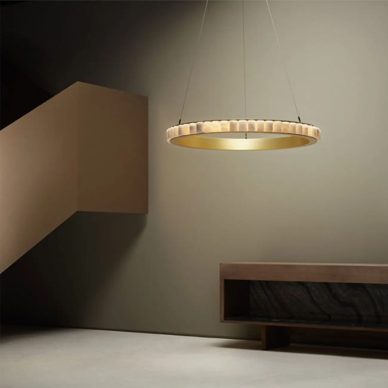 Circular 2-layer Modern Alabaster Steel Pendant Chandelier Image - 4 | homeyfad