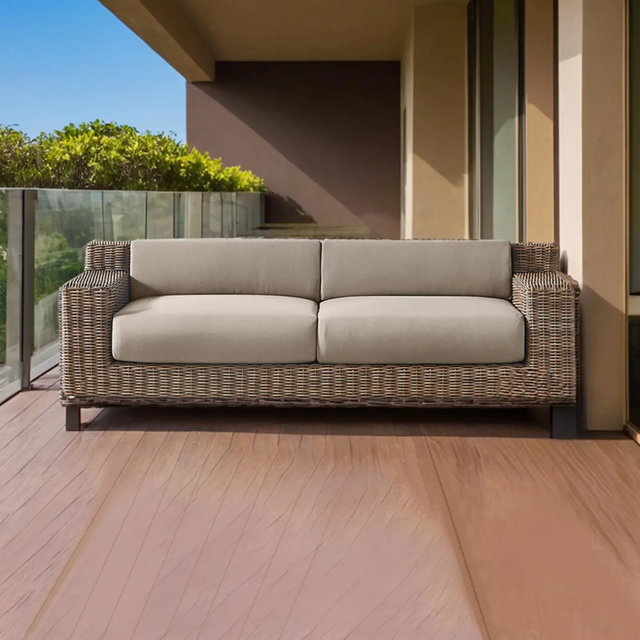 UV Resistant Brown Wicker Outdoor Sofa with Cushions Image - 1 | homeyfad