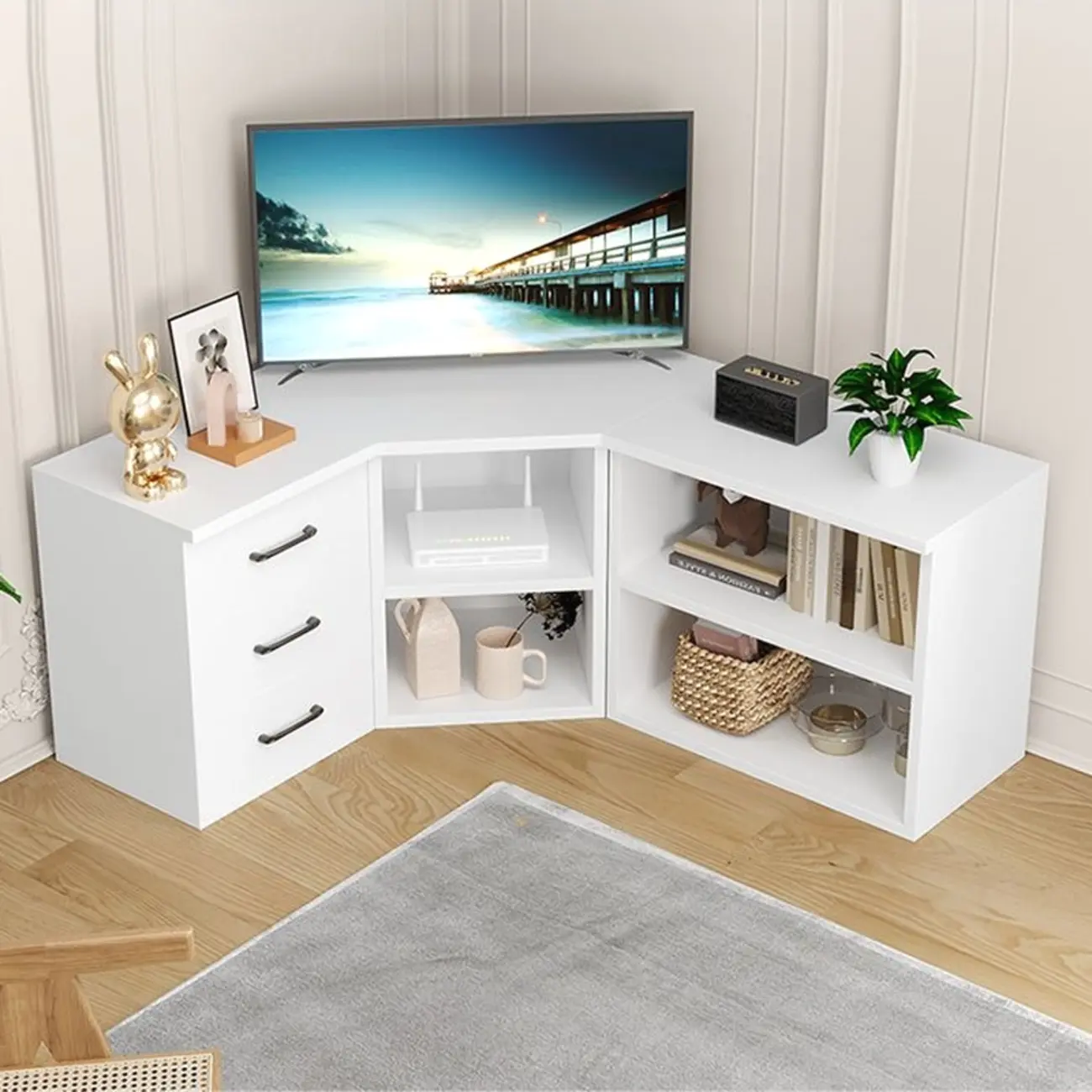 Compact White Wooden Corner TV Stand with Storage Drawers Image - 1 | homeyfad