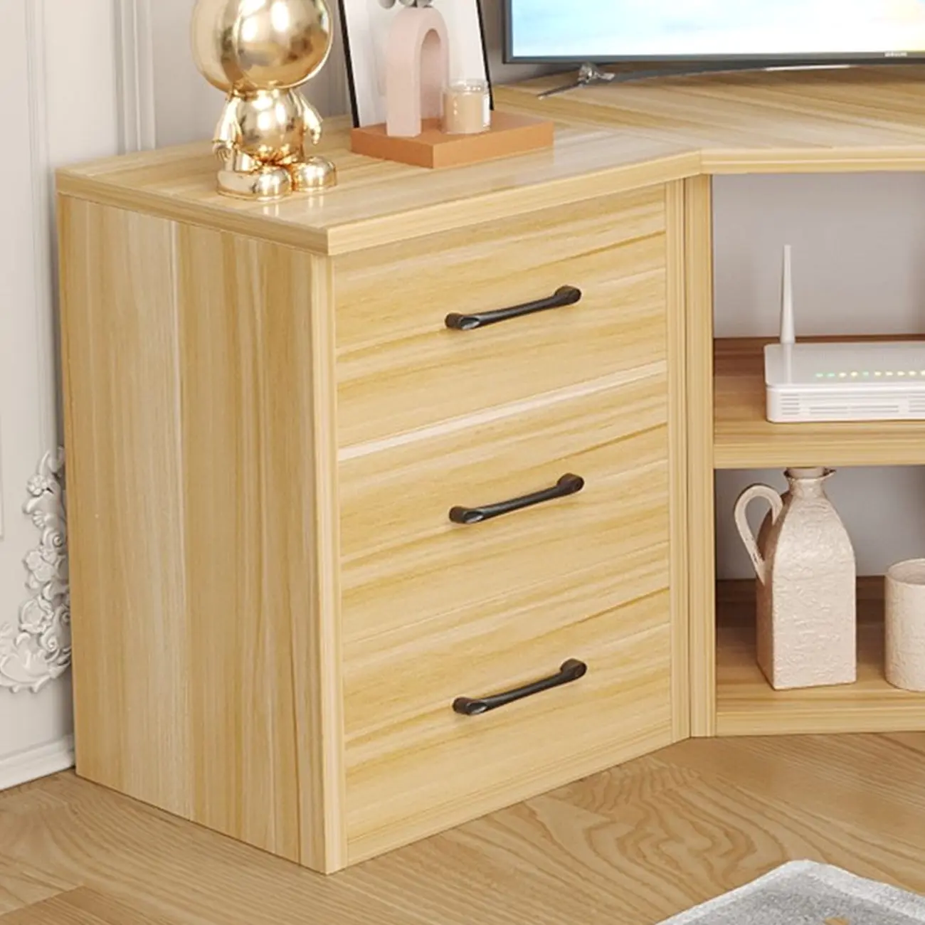 Compact White Wooden Corner TV Stand with Storage Drawers Image - 2 | homeyfad