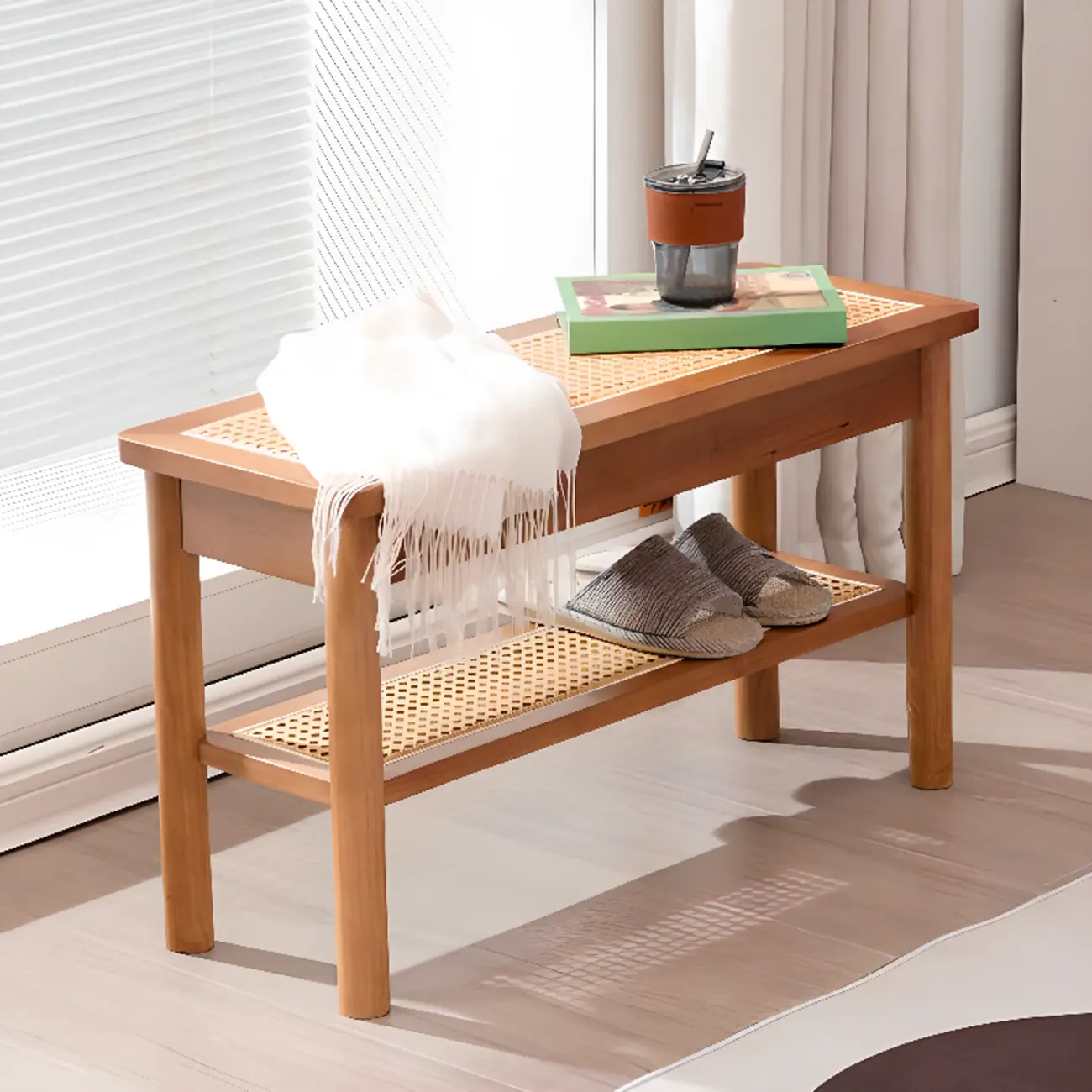 Minimalist Wooden Entryway Cherry Bench with Storage Image - 1 | homeyfad