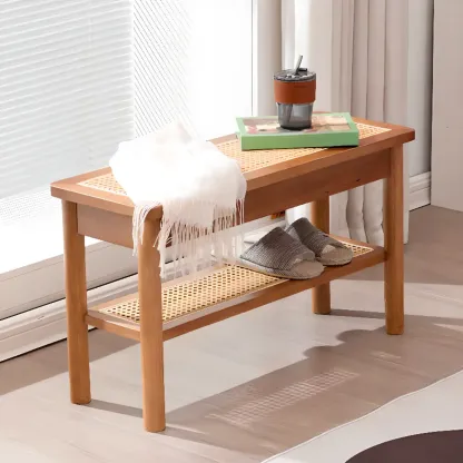 Minimalist Wooden Entryway Cherry Bench with Storage Image - 1